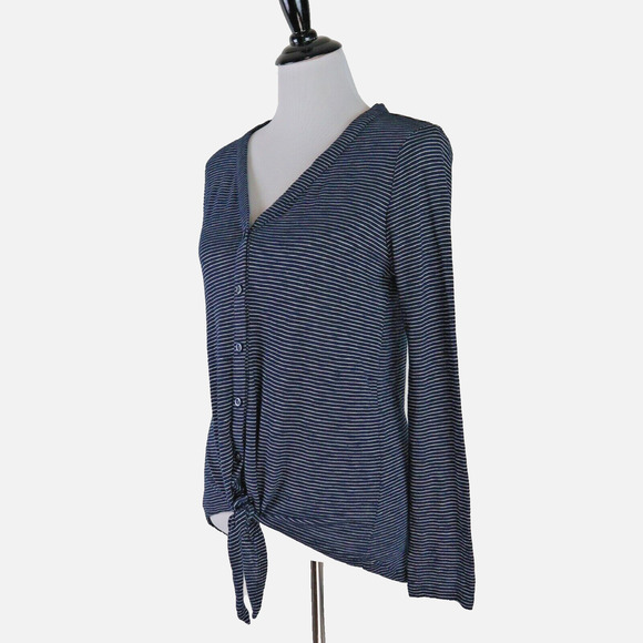 Loft Size M Tie Front Button Down Top Long Sleeve Striped Blue White - Picture 1 of 9
